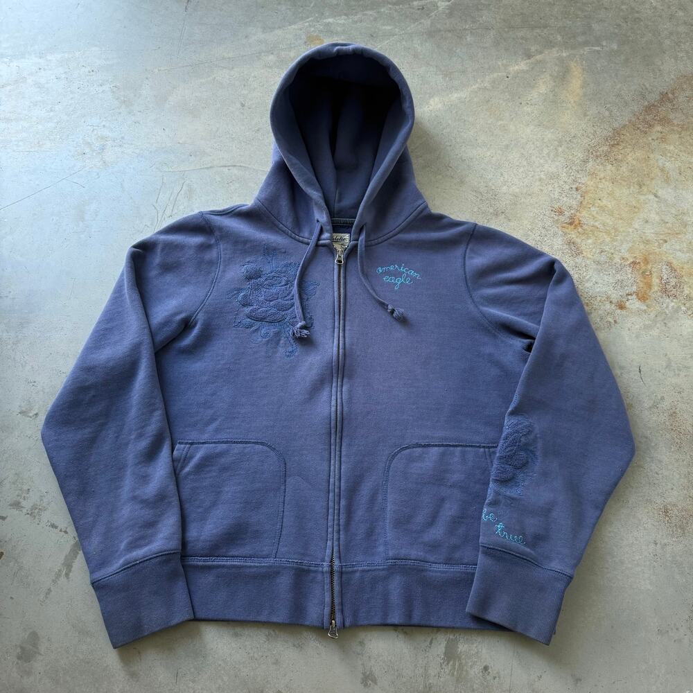 Vintage Y2K American Eagle Floral Embroidered Classic Zip Up Hoodie Size XL